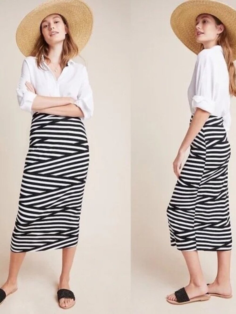 Anthropologie Shelby Knit Midi Skirt XS Black White Stripe Lined Pull-On